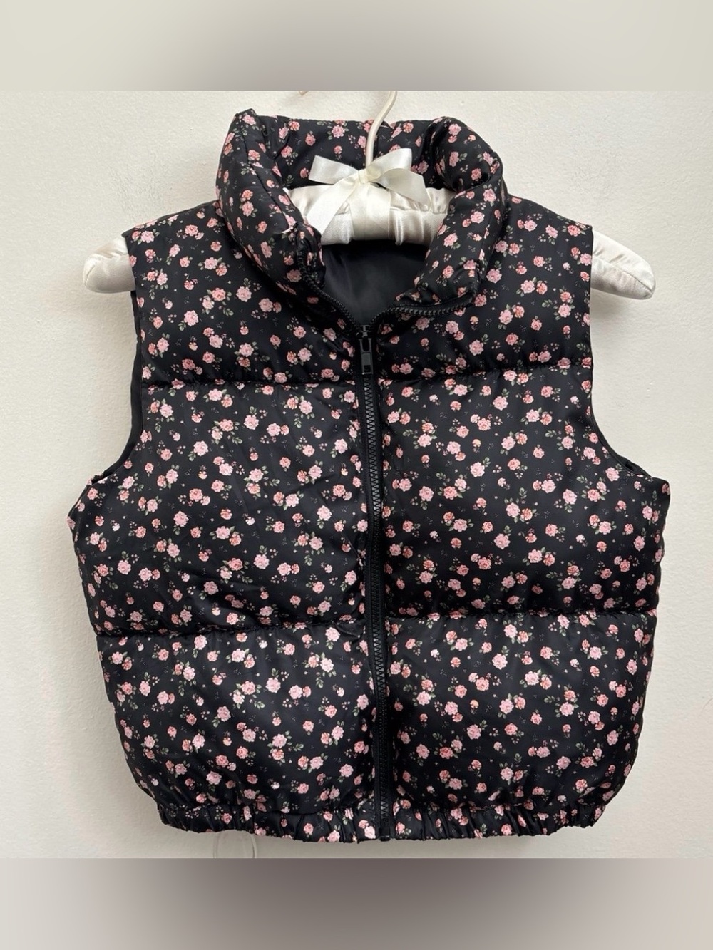 Self Esteem Black Puffer Vest with Pink Rose Motif